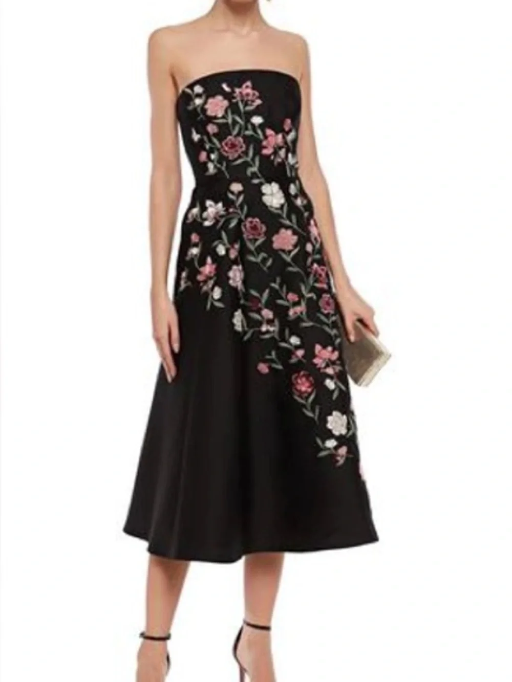 Kate Spade Strapless Black Floral Embroidered Midi Dress